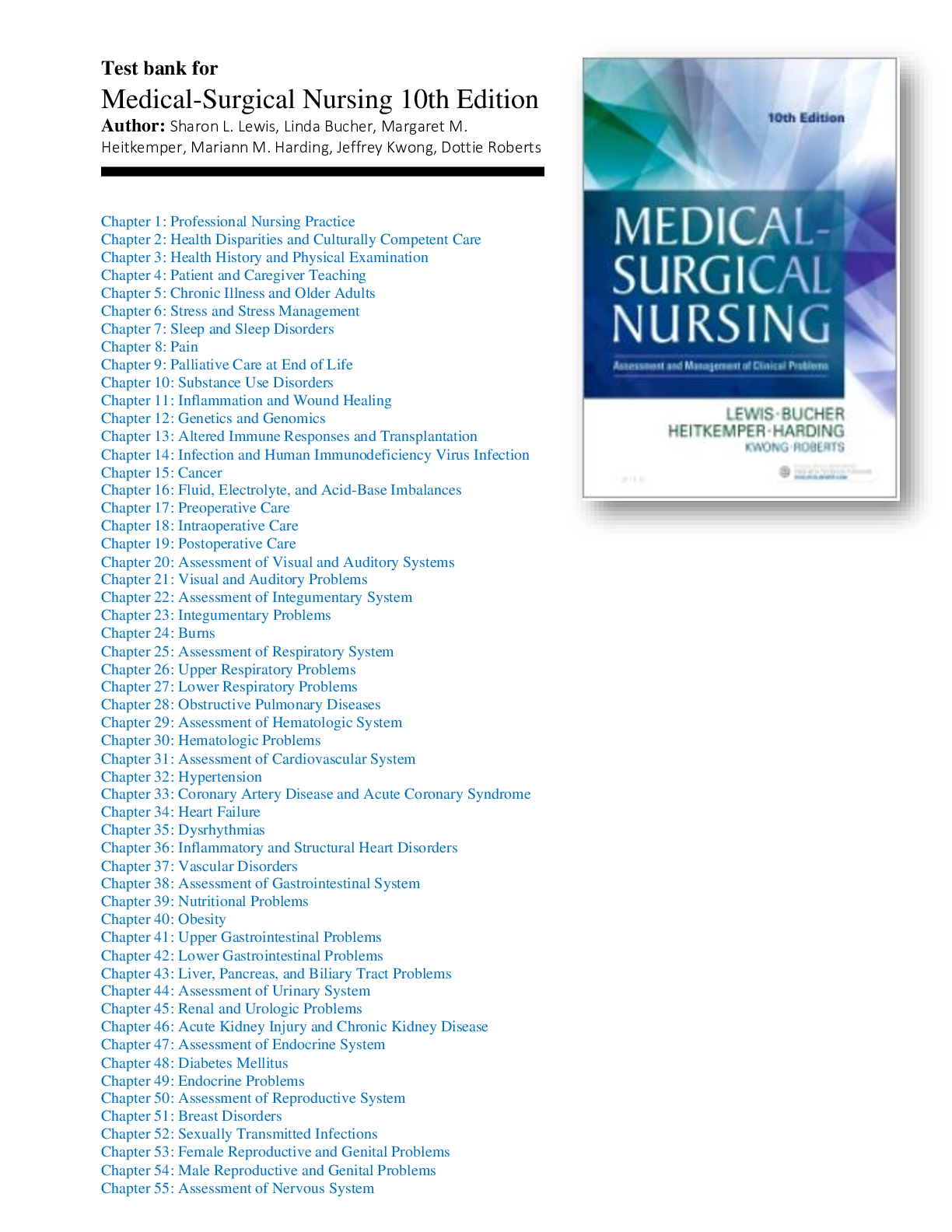Preview of Test bank for Medical-Surgical Nursing 10th Edition By Lewis, Bucher, Heitkemper, Harding,